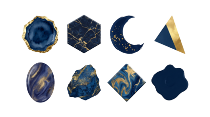 Navy blue and gold design element set including agate slice, marble hexagon, crescent moon, foil triangle, and swirl shapes isolated. Abstract geometric luxury collection.