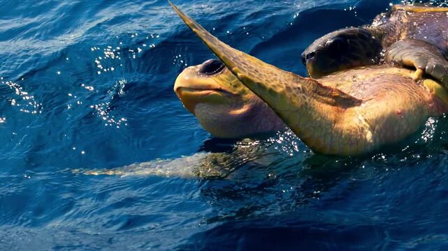 Sea turtle surfacing in deep blue ocean water with sunlight reflecting on the waves