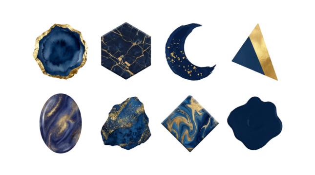 Navy blue and gold design element set including agate slice, marble hexagon, crescent moon, foil triangle, and swirl shapes isolated. Abstract geometric luxury collection. - Powered by Adobe