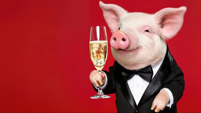 Celebratory pig in tuxedo holding champagne glass with bubbly drink and joyful expression
