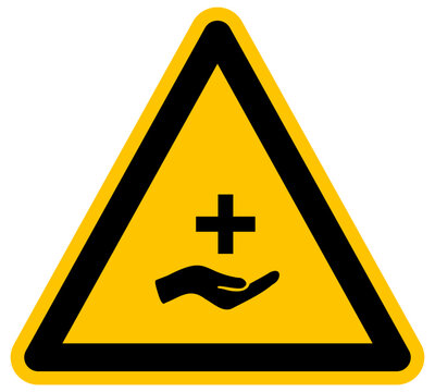 Se&ntilde;al de advertencia de asistencia m&eacute;dica con mano y cruz s&iacute;mbolo de ayuda vector