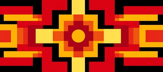 Vibrant geometric pattern featuring red, orange, and yellow shapes