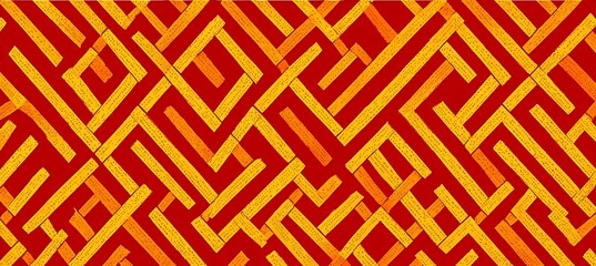 Abstract geometric pattern with interlocking yellow and orange lines on red background
