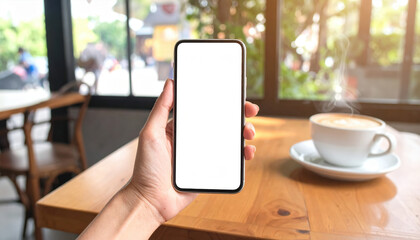 Hand holding a smartphone with a blank screen in a cozy cafe with a latte