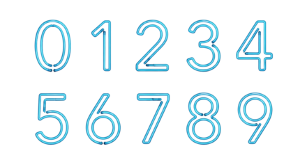 Glowing Neon Numbers 0-9 on White Background, Futuristic Digital Display
