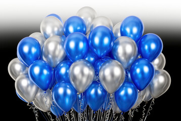 A vibrant bunch of silver and blue balloons creates a cheerful atmosphere perfect for celebrations and festive designs. Ideal for party invitations or promotional materials.