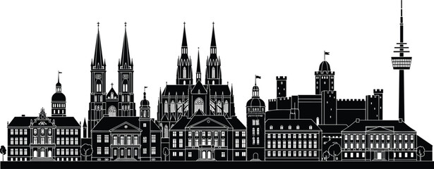 Naklejka premium European historic city skyline silhouette with churches, castles, towers and classical buildings, architectural landmark illustration background for travel and tourism design