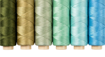 Close-up of colorful sewing thread spools in green and blue hues