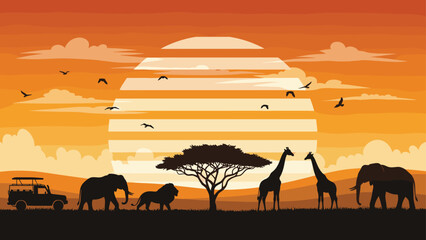 African safari sunset landscape with elephants, giraffes, lion and jeep under acacia tree, warm golden sky, colorful vector illustration for wildlife and travel themes © Ideasy Mind