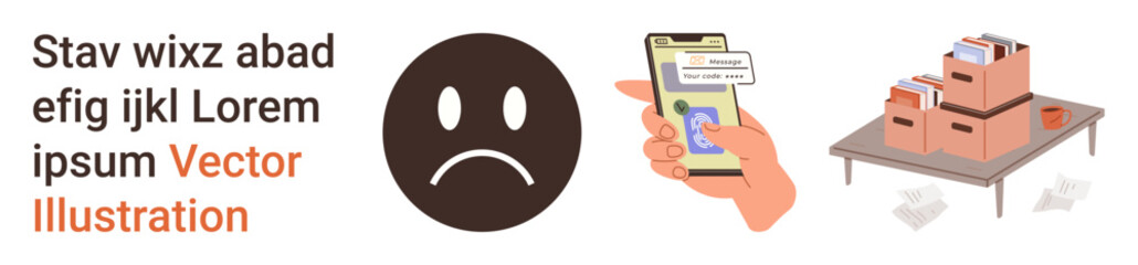 Obraz premium Technology, facial recognition, data storage, emotions, digital security, communication. Sad face emotion, mobile with face ID storage boxes. Facial recognition and data storage concept