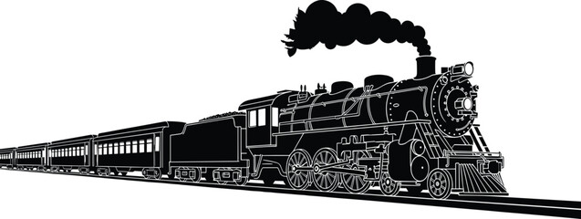 Vintage steam locomotive pulling passenger train with billowing smoke, detailed black and white silhouette vector illustration for railway history, transportation and classic travel themes © Ideasy Mind
