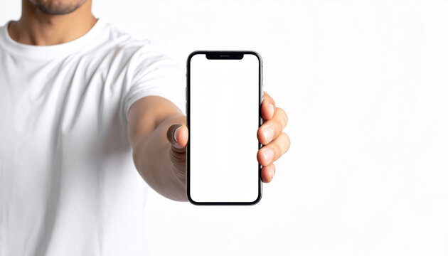 Man in white t-shirt holding a smartphone with a blank screen towards the viewer