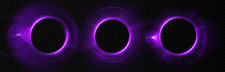 Fototapeta na wymiar Light halo flare purple aura for fantasy neon 3d space and shape. Glow sphere effect with glass tech design by circular orb or portal. Smoke ball sparkle shine electric round cycle frame energy color.