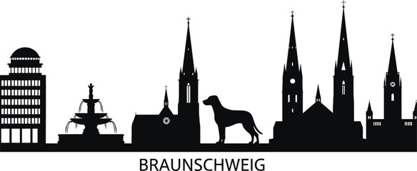 Braunschweig city skyline with historic churches, fountain and iconic lion statue, elegant black and white silhouette vector illustration for travel, culture and urban heritage themes © Ideasy Mind