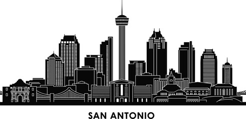 San Antonio city skyline featuring iconic Tower of the Americas and historic landmarks, detailed black and white silhouette vector illustration for travel, tourism and urban themes © Ideasy Mind