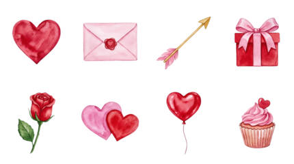Valentine Love Watercolor Set featuring Red Heart Rose Cupid Arrow and Pink Letter in Hand Painted Style