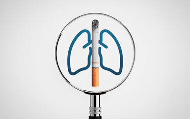 Magnifying Glass Focusing on Cigarette and Blue Lungs Icon for Smoking Health Risk Concept