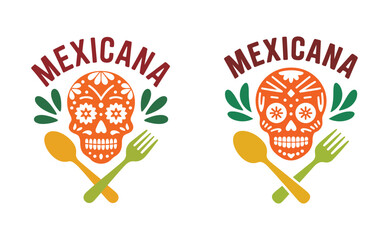 mexican sugar skulls with utensils and leaves, vector illustration