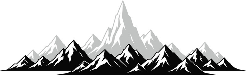 Minimalist alpine mountain range landscape with layered peaks and snowy ridges, black and white vector illustration for nature, travel and adventure themes © Ideasy Mind