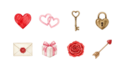 Romantic watercolor set including hearts, key, padlock, envelope, gift box, rose, and arrow isolated. Valentine's day and wedding decoration collection.