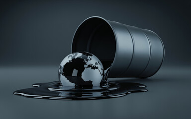 Spilled Black Oil Barrel with Earth Globe Floating in Liquid Puddle on Dark Background for Pollution Concept