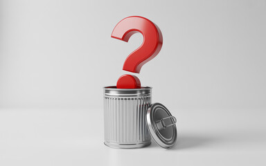 Red 3D Question Mark Inside Silver Trash Can on White Background for Discarding Doubts Concept