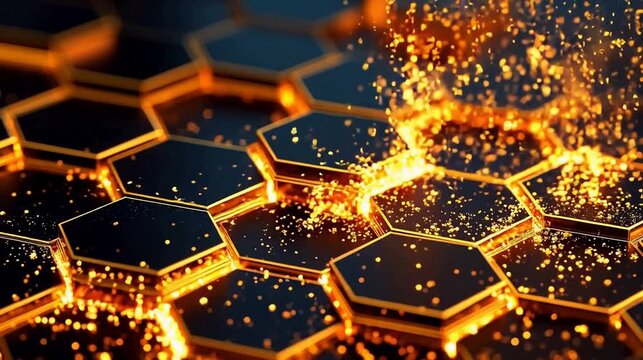 Golden hexagonal pattern with glowing particles