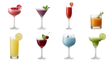 Colorful cocktail and smoothie set including margarita, martini, flute, and highball glasses isolated. Diverse drink and beverage collection.