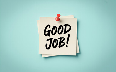 Good Job Text Written on Pinned White Paper Note on Blue Background for Appreciation Concept