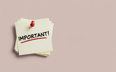 Important Text on Pinned Yellow Sticky Note Stack with Copy Space on Beige Background for Business Reminder Concept