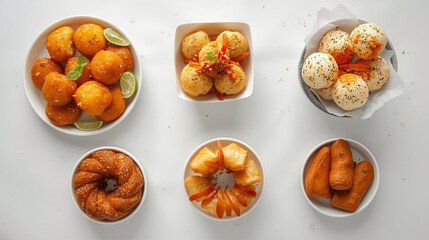 Assorted pastry delights arranged in six bowls