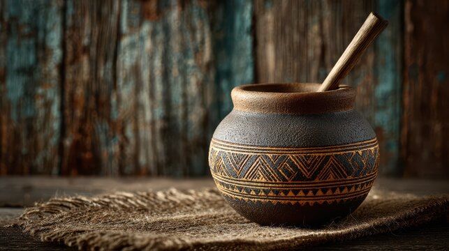 Traditional handmade clay yerba mate cup with bamboo bombilla on rustic blue wooden background