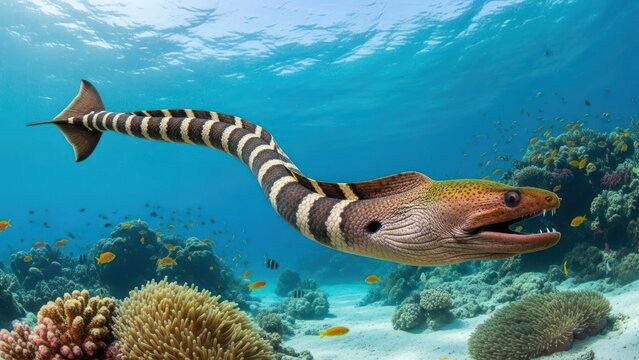 A colorful moray eel swimming in a coral reef with a variety of fish and coral formations.