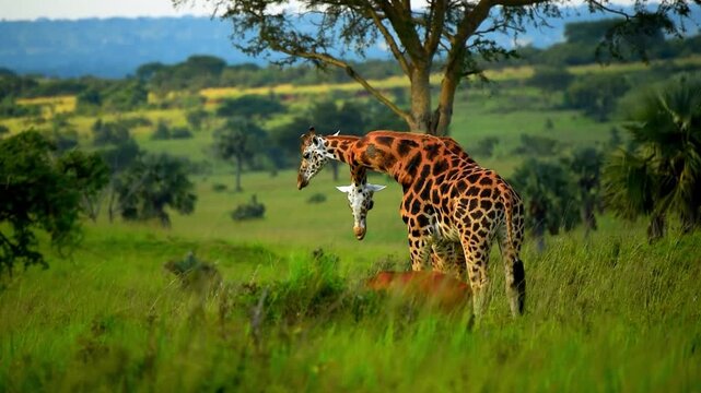 A giraffe bends down to drink water in a lush green African savanna landscape