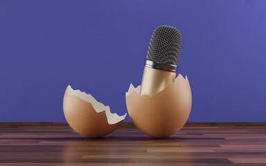 Microphone Hatching from Cracked Brown Eggshell on Wooden Table for New Podcast Launch Concept