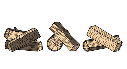 Collection of three neatly arranged stacks of split firewood and logs with visible wood grain and bark for heating and fireplace themes.