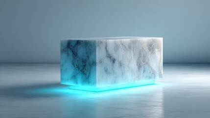 Modern marble block pedestal with glowing blue neon under-lighting in a minimalist room