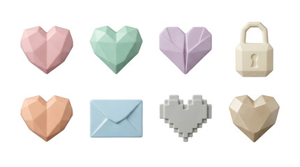 Abstract heart set including geometric, faceted, pixelated, lock, and envelope shapes isolated. Pastel romantic collection.