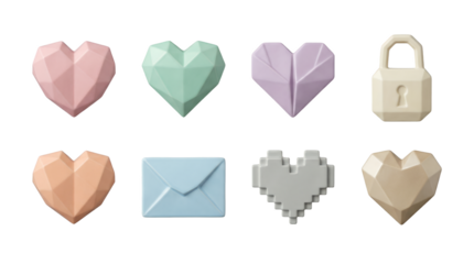 Abstract heart set including geometric, faceted, pixelated, lock, and envelope shapes isolated. Pastel romantic collection.