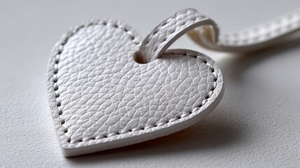 Close-up of a white leather heart-shaped charm with decorative stitching on a neutral surface