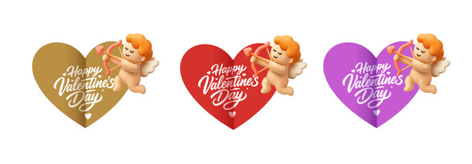 Obraz na płótnie Canvas Set of colorful valentines with a cheerful 3D cupid shooting arrows of love. Isolated on white background. Happy Valentine's Day. Gifts for your loved ones. Vector illustration.
