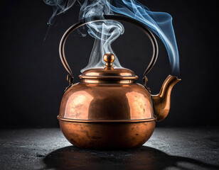Vintage copper teapot steaming with blue and white smoke against a dark background