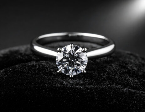 Elegant solitaire diamond engagement ring sparkling on black velvet with dramatic lighting