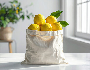 Fresh lemons in a reusable cloth bag on a white table with natural light