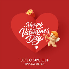 Fototapeta premium Happy Valentine's Day. Red banner. 3D, hearts, cupid, gift. For concepts of discounts, sales, special offers for gifts to loved ones. Vector illustration.