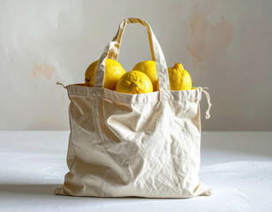 Reusable canvas tote bag filled with fresh, ripe lemons on a white surface
