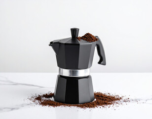 Black moka pot filled with ground coffee on a marble surface, ready for brewing espresso
