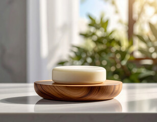 Natural bar soap on a wooden dish with soft light and blurred green background