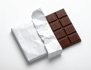 Dark chocolate bar partially unwrapped from its white foil packaging on a white background