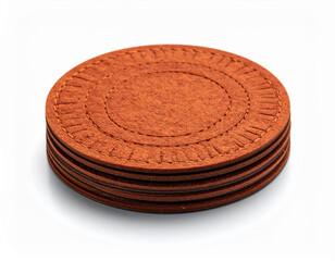 Stack of round felt coasters in a warm terracotta color on a white background
